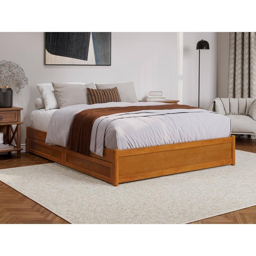 Barcelona Queen Wood Panel Platform Bed with Storage Drawers in Light Toffee