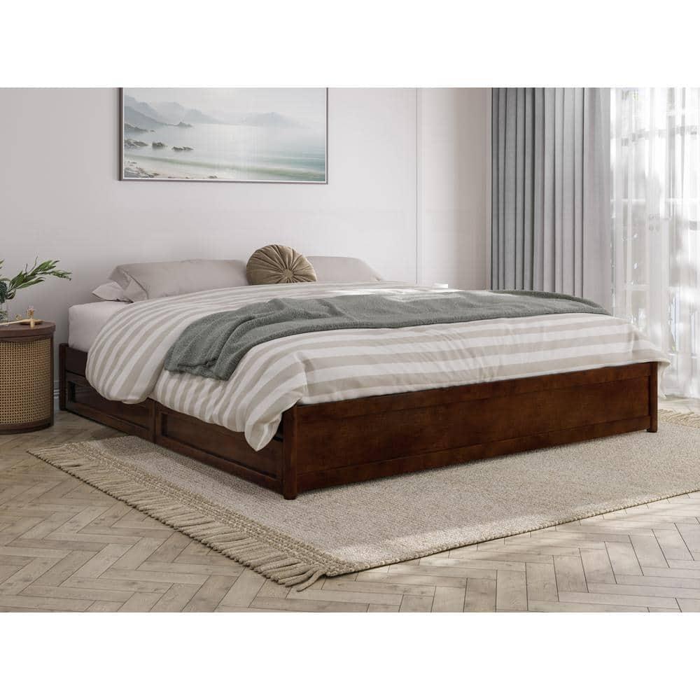 Barcelona King Solid Wood Panel Platform Bed with Storage Drawers in Walnut