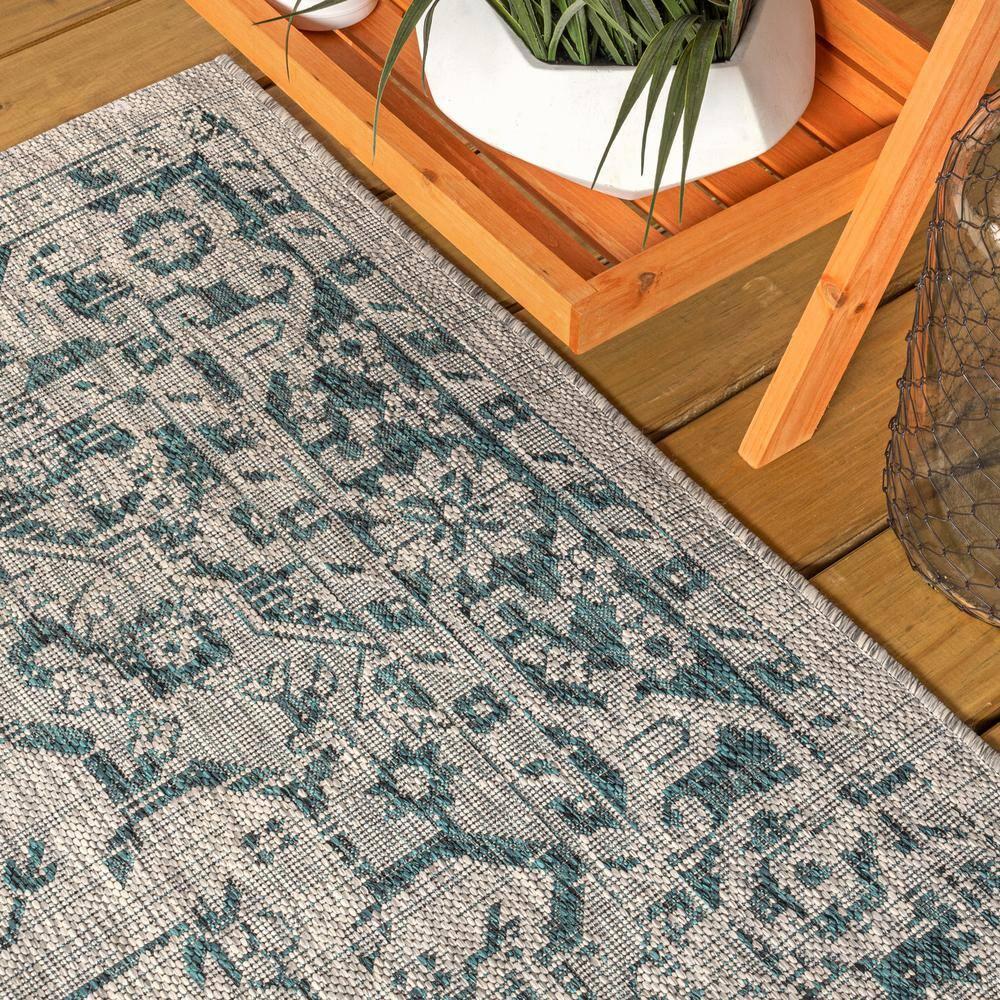 5' Square Rozetta Boho Medallion Textured Weave Indoor/Outdoor Area Rug, Gray/Teal - JONATHAN Y
