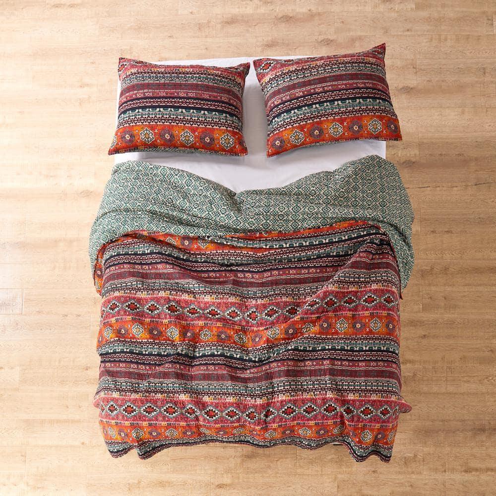Vista Aztec Stripe Quilt Set - Full/Queen Quilt and Two Standard Pillow Shams Orange, Green, Black - Levtex Home