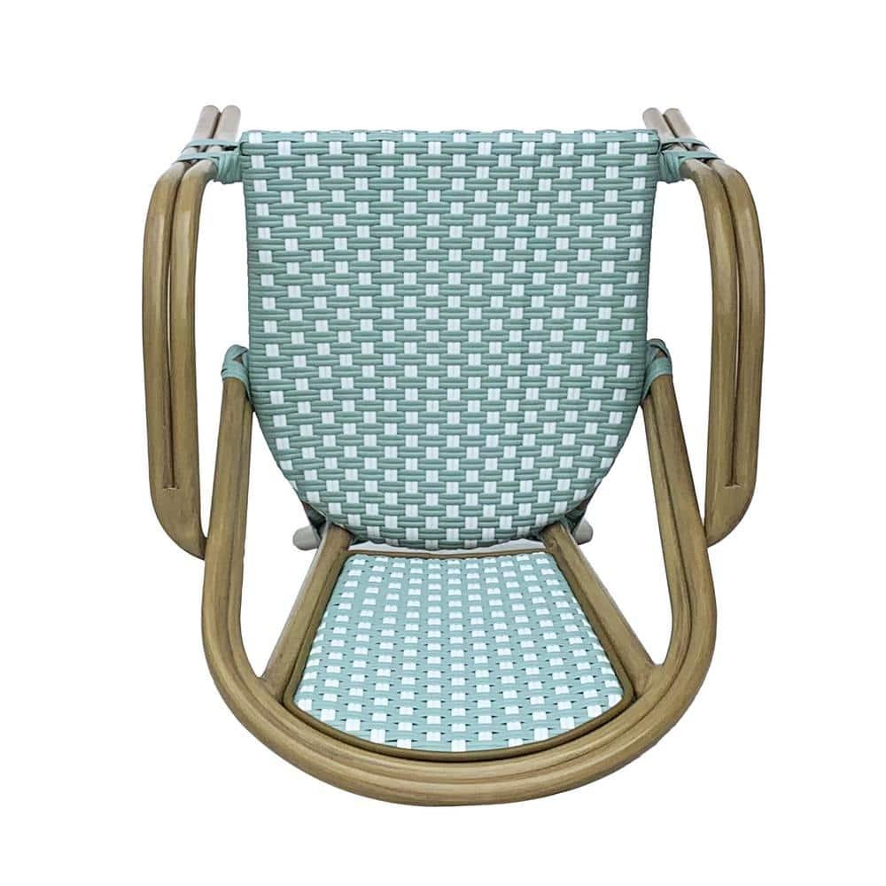 Cecil Aluminum and Wicker Outdoor French Bistro Chairs, Set of 2, Light Teal, White, and Wood Print