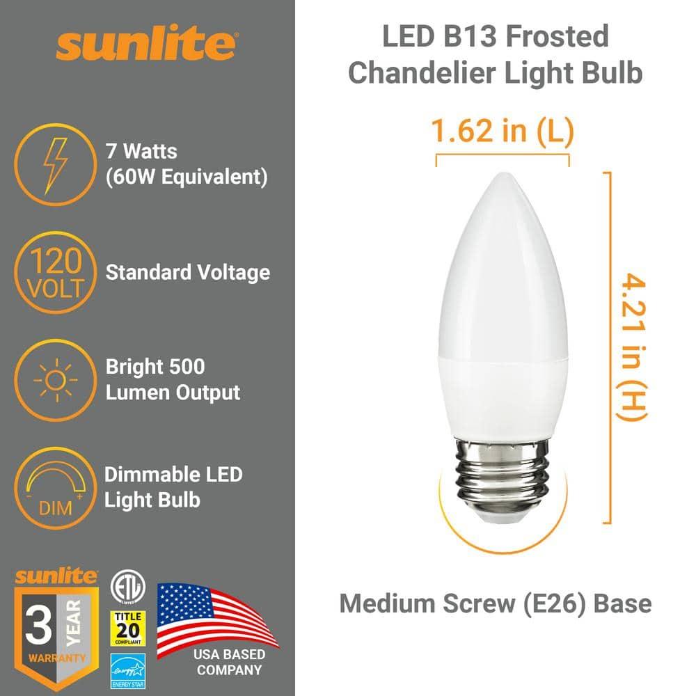 Sunlite LED B13 Decorative Chandelier Light Bulb, 7 Watts (60W=), 500 Lumens, 120 Volts, Dimmable, E26 Base,  90 CRI, ETL Listed, Torpedo Frosted, Title-20, 4000K Cool White, 6 Pack