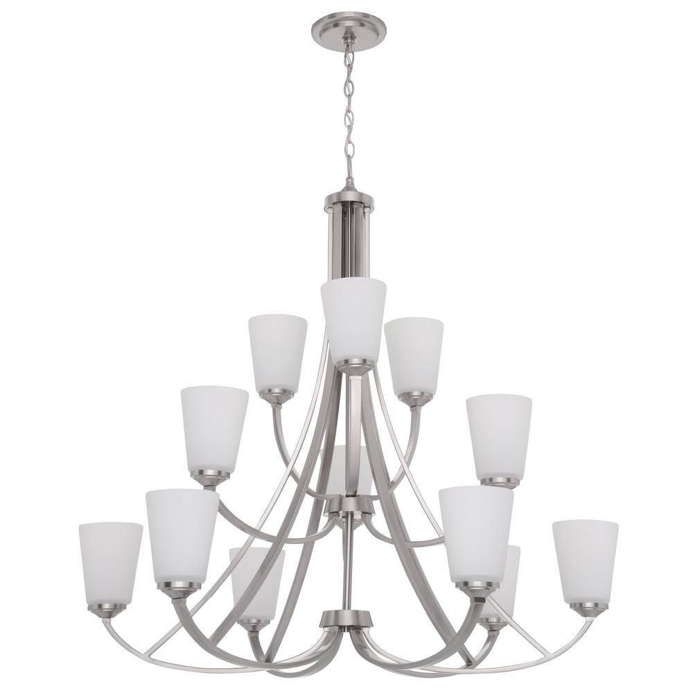 Contemporary Elegance Brushed Nickel 12-Light Chandelier with Etched White Glass