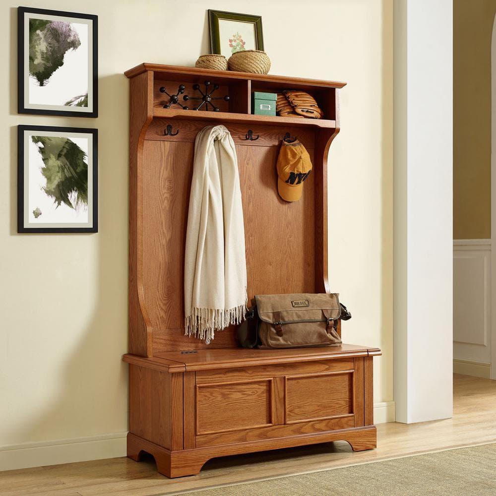 Campbell Hall Tree Oak - Crosley: Spacious Bench, 4 Double Hooks, Shoe Storage