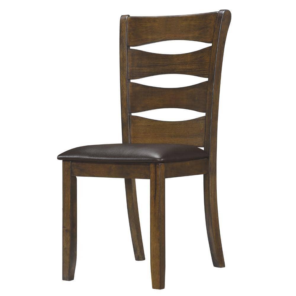 Transitional Ladder Back Side Chair with Leatherette Seat, Brown - Set of 2