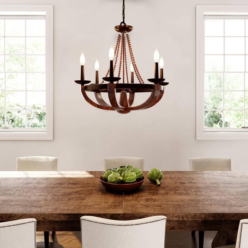 Mini Adan Rustic Iron & Burnished Wood 6-Light Chandelier