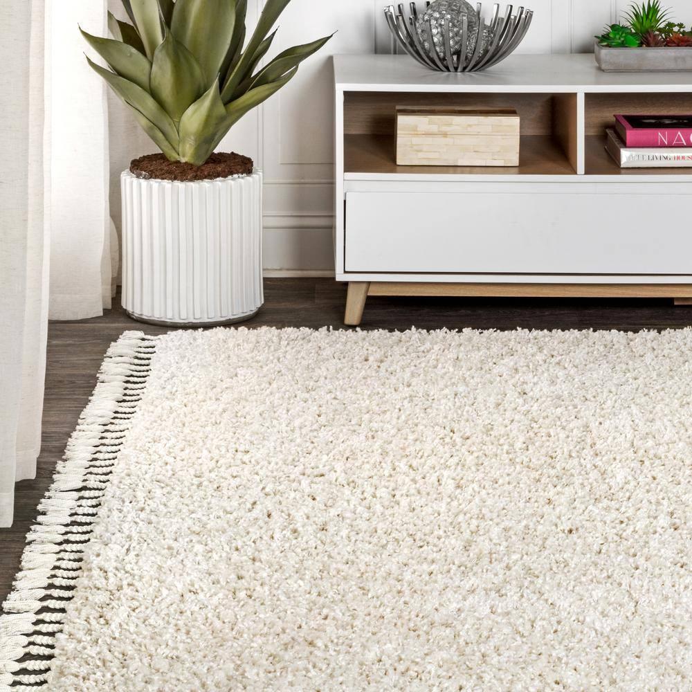 3'x5' Mercer Shag Plush Tassel Area Rug, Cream - JONATHAN Y