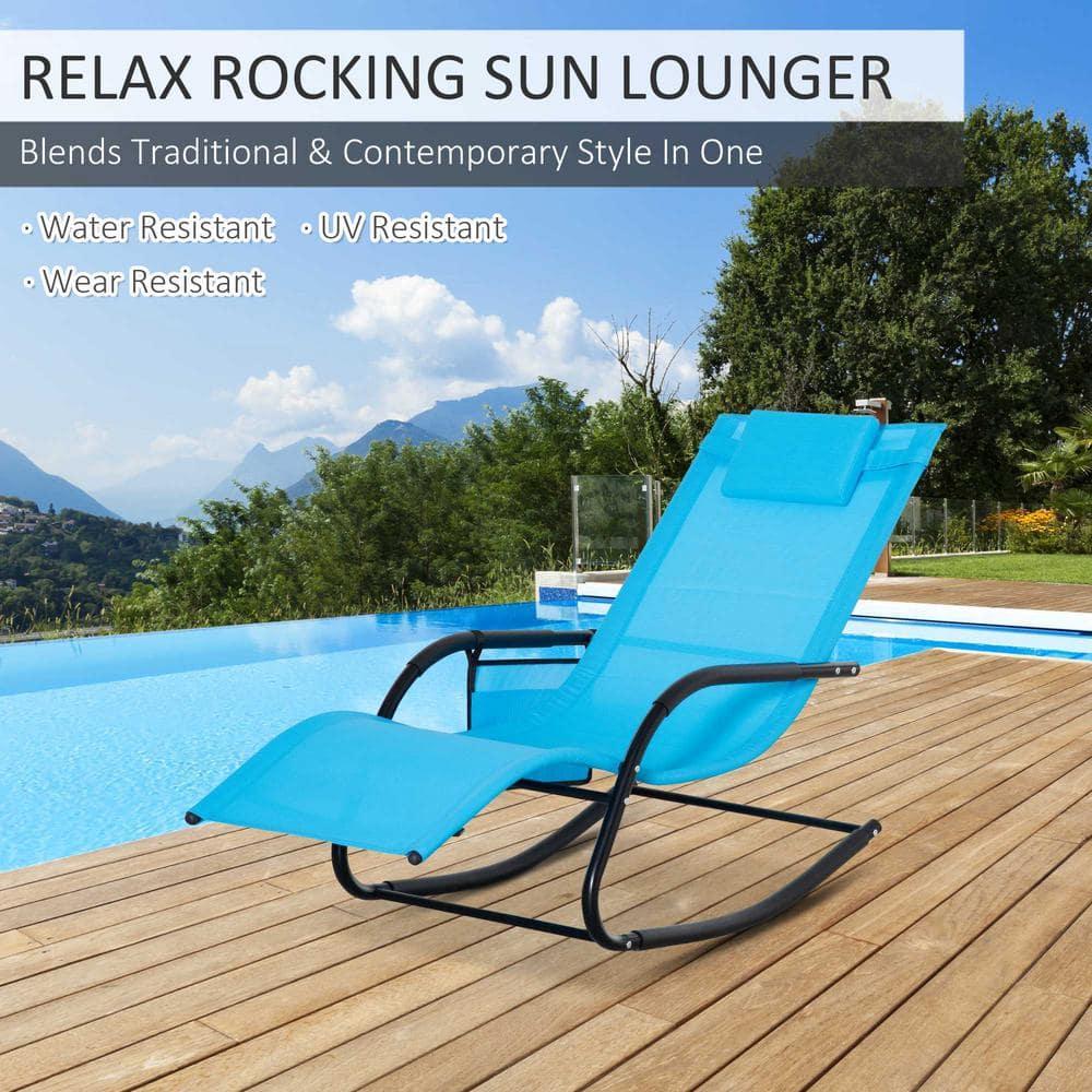 Outsunny Outdoor Rocking Chair, Patio Sling Sun Lounger, Pocket, Recliner Rocker, Lounge Chair with Detachable Pillow for Deck, Garden or Pool, Blue