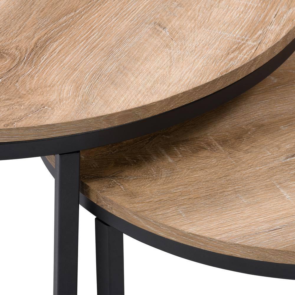 Set of 2 Wood Grain Finish Forth Worth Round Nesting Coffee Table Light Brown - CorLiving: Metal Legs, Small Space Design