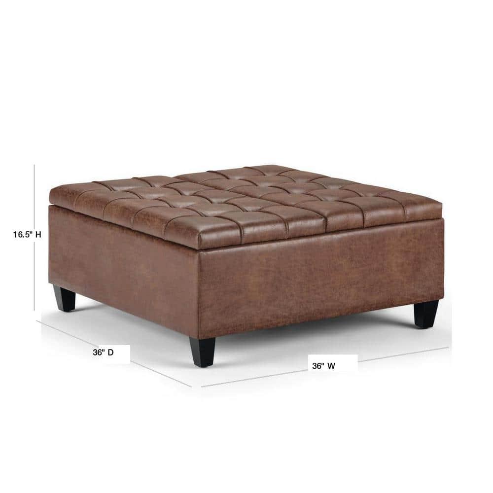 Simpli Home Harrison 36"W Upholstered Square Coffee Table Storage Ottoman with Split Lift Top