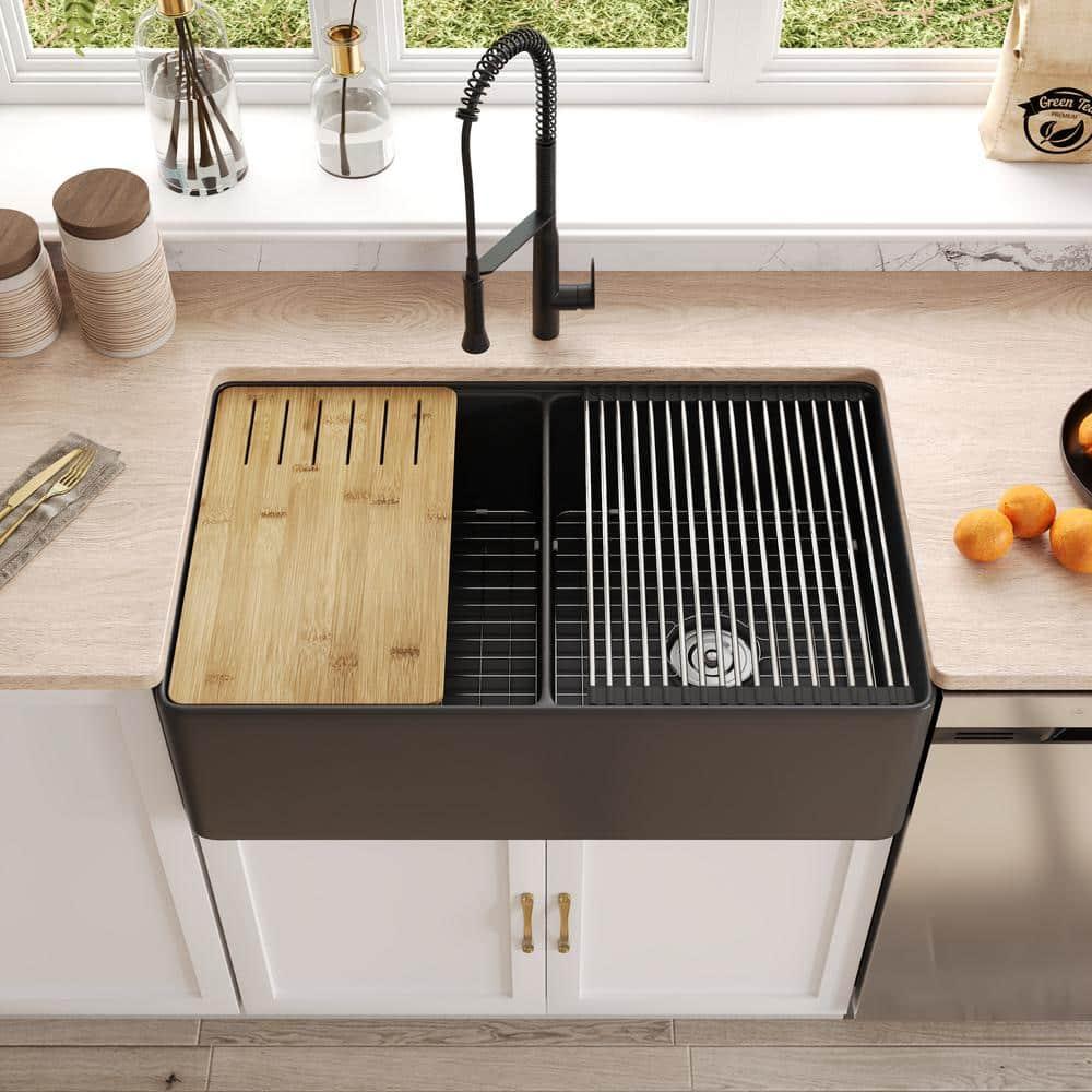 DeerValley 33" L X 20" W Double Basin Workstation Farmhouse Kitchen Sink With Sink Grid, Cutting Board And Dish-Drying Rack