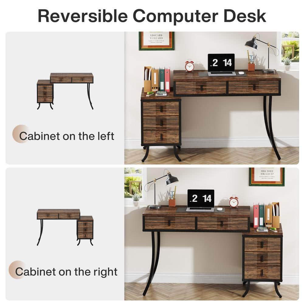 Tribesigns Computer Desk with 5 Drawers, 55" Home Office Desk with Reversible Drawer Cabinet