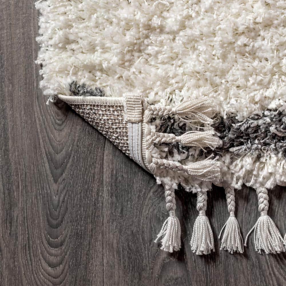 5'x8' Mercer Shag Plush Tassel Moroccan Geometric Trellis Area Rug, Cream/Grey - JONATHAN Y
