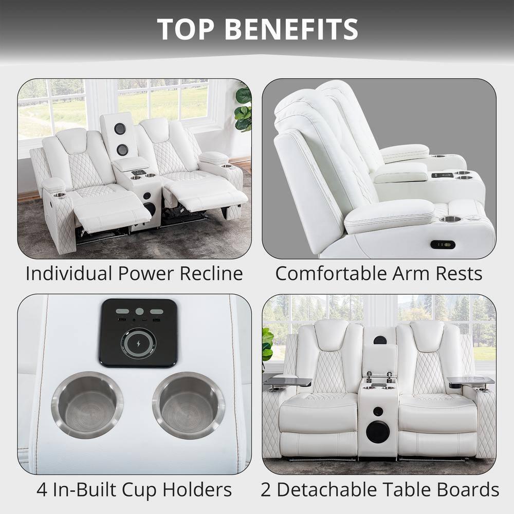 Home Theater Seating, Gaming Couch for Adults, Wireless Charging Movie Theater Couch, Power Recline Loveseat with 6 Cup Holders and Tray, Powerful in-Built Speaker, USB-Color:White,Fabric:Air Leather