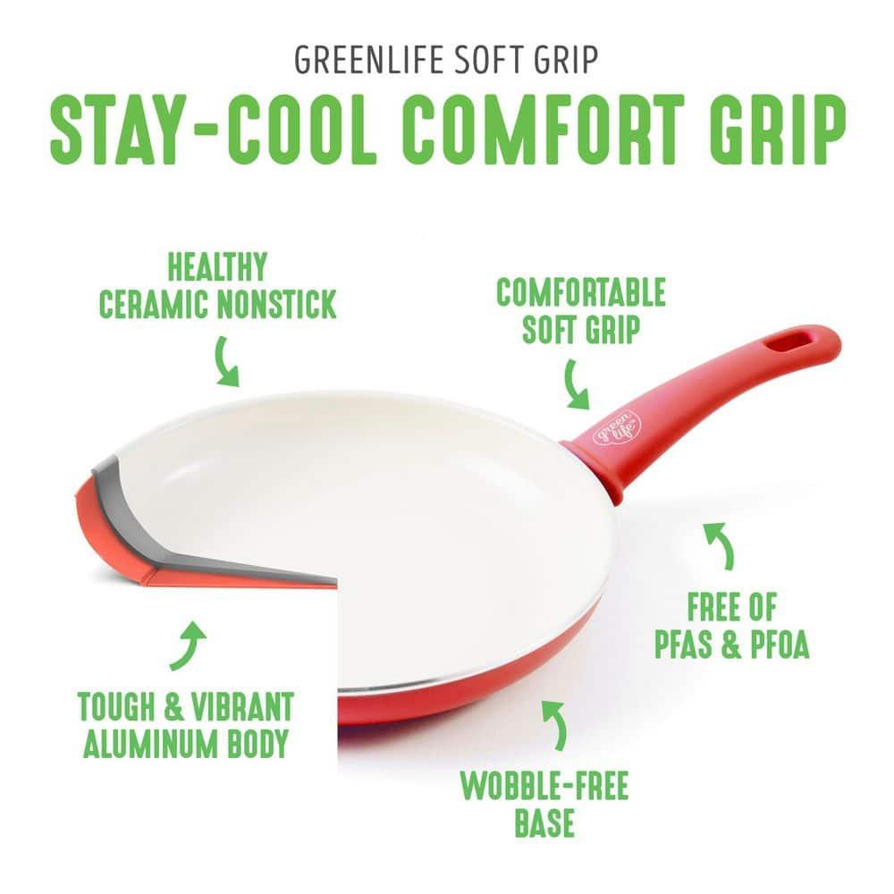 GreenLife 16 Piece Nonstick Cookware Set, Soft Grip Non-Toxic PFAS-Free Ceramic Pots & Pans, Dishwasher & Oven Safe, Frying, Sauce, Saute, Utensils, Glass Lids, Stay-Cool Handles, Wobble Free, Red