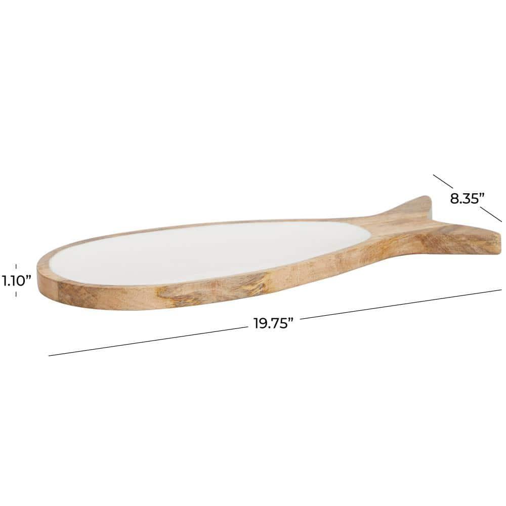 Brown Mango Wood Fish Decorative Tray with White Enameled Interior
