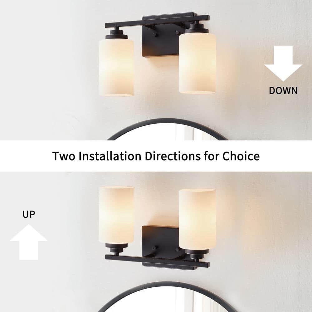 KAWOTI 2-Light Dimmable Bathroom Vanity Light with Frosted White Glass Black