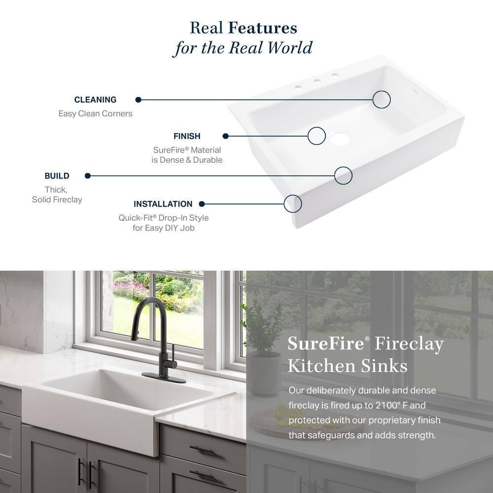 Parker Fireclay 34" Single Bowl Quick-Fit Farmhouse Workstation Kitchen Sink with Pfirst Faucet Kit