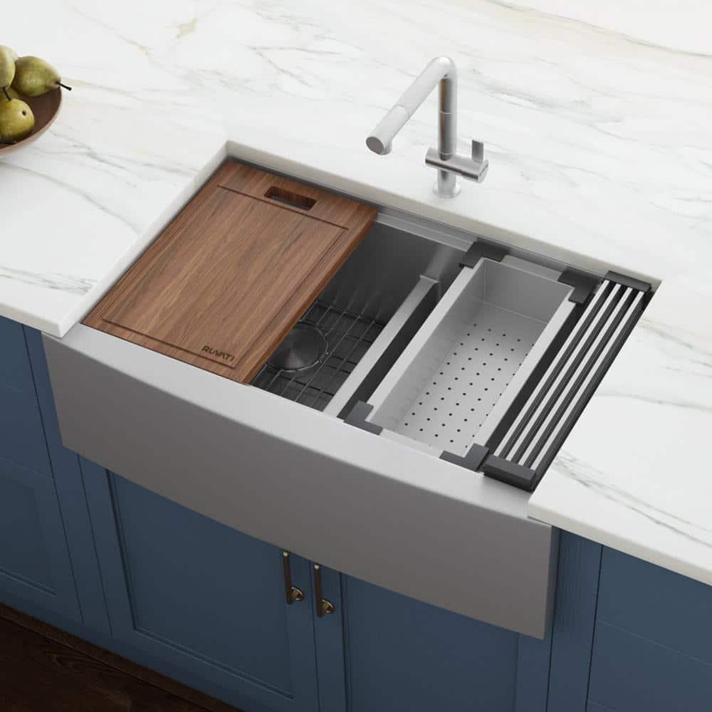 Ruvati RVH9301 Ruvati 36" Apron-front Workstation Low-Divide 50/50 Farmhouse Kitchen Sink Stainless Steel