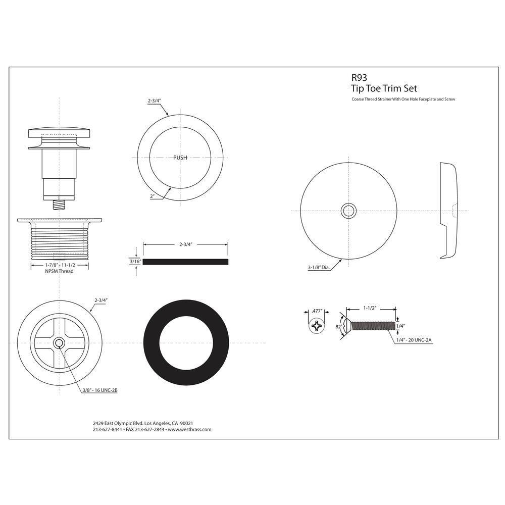 1-1/2" Coarse Thread Tip-Toe Bathtub Leg Drain Trim Set with One-Hole Overflow
