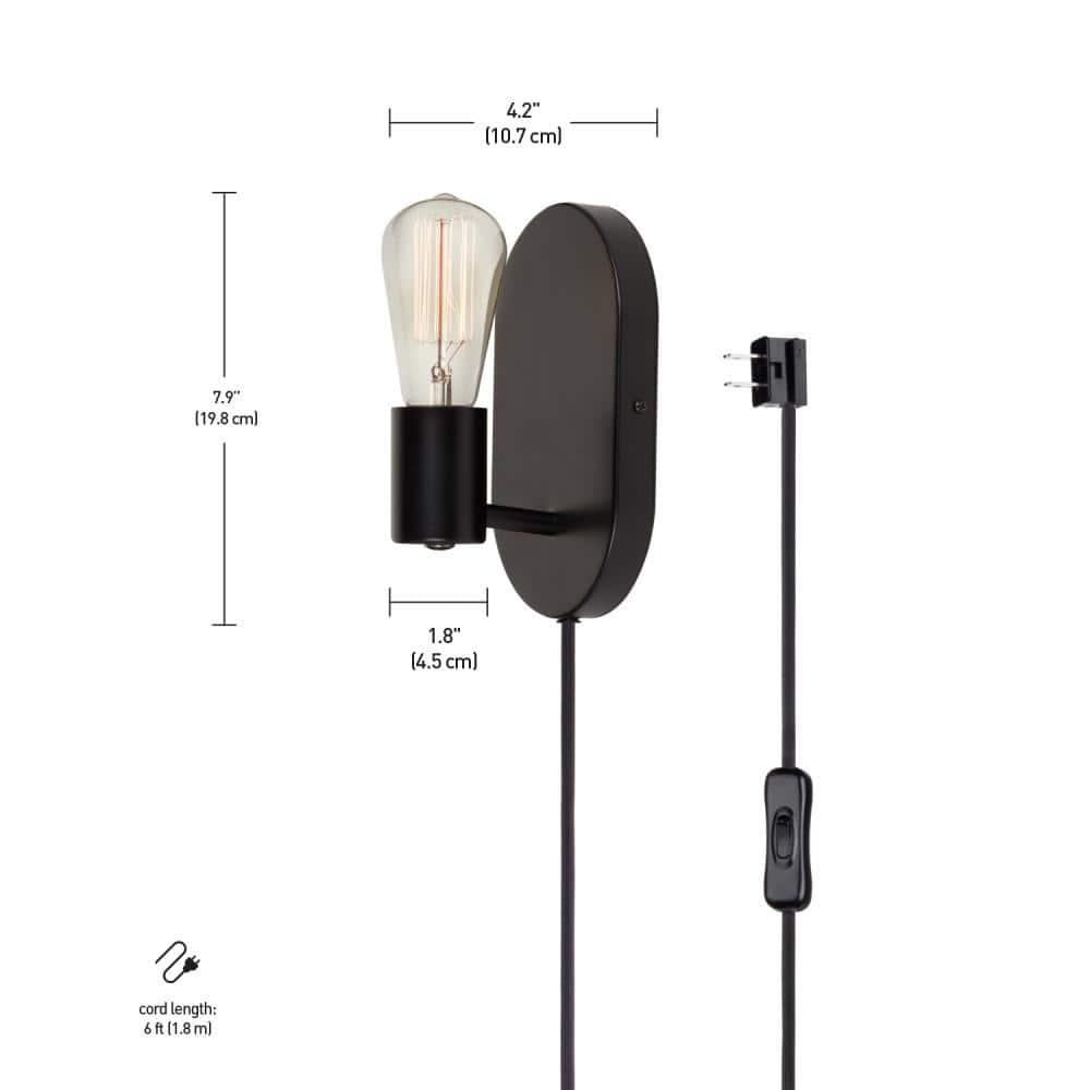 Linus 1-Light Matte Black Plug-In or Hardwire Wall Sconce - Novogratz x Globe: ETL Listed, Metal Body, No Shade