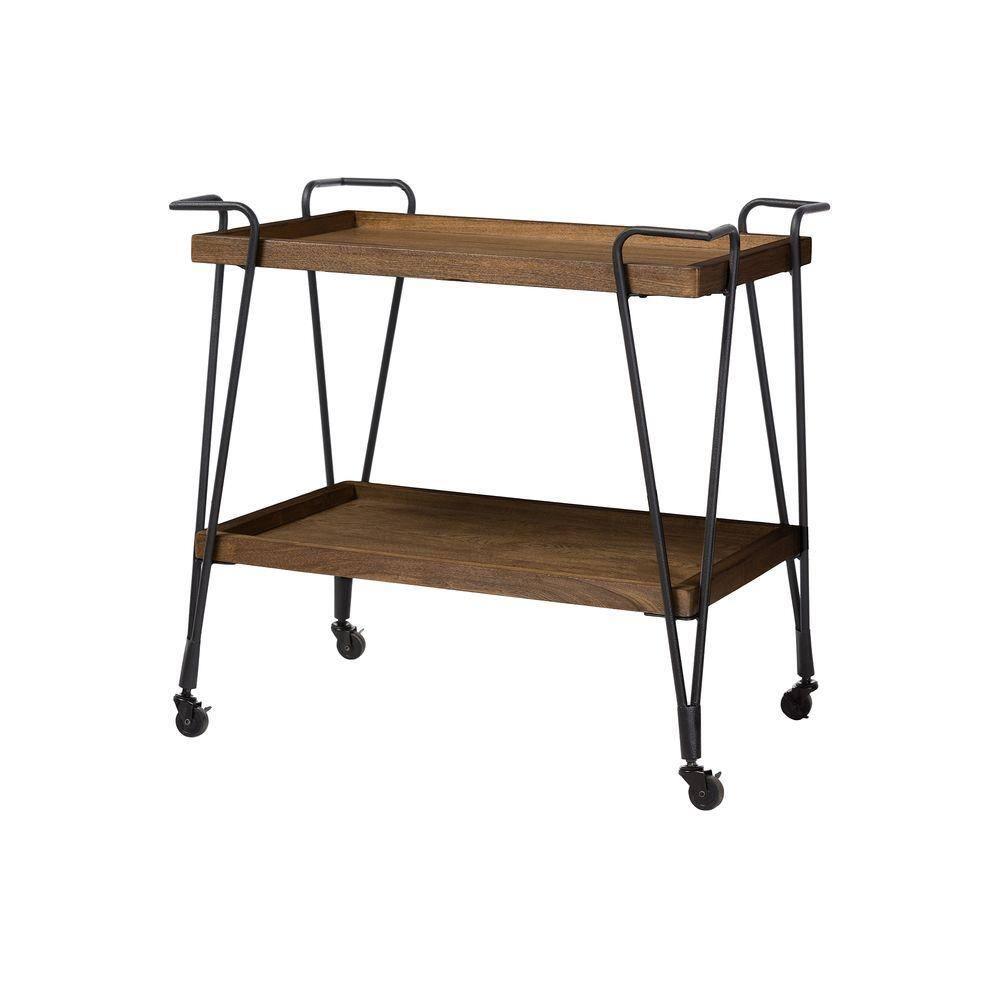 Jessica Rustic Industrial Style Textured Finish Metal Distressed Ash Wood Mobile Serving Bar Cart - Black & Brown - Baxton Studio