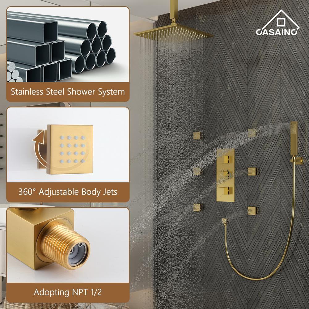 CASAINC LED Thermostatic Dual Shower Heads Ceiling Mount Fixed and Handheld Shower Head