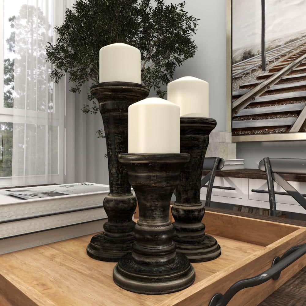 DecMode 3 Candle Black Mango Wood Candle Holder, Set of 3