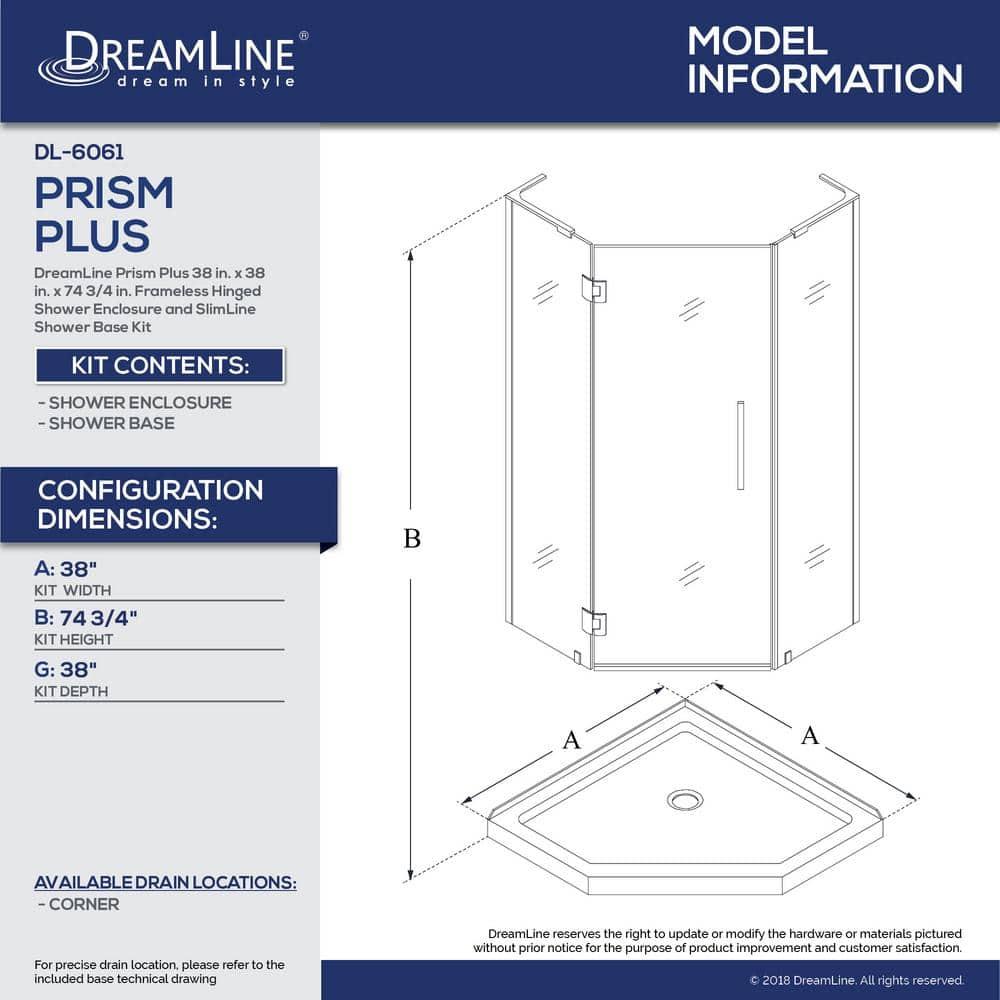 Prism Plus 38" W x 38" D x 74.75" H Frameless Neo-Angle Shower Enclosure with Base Included