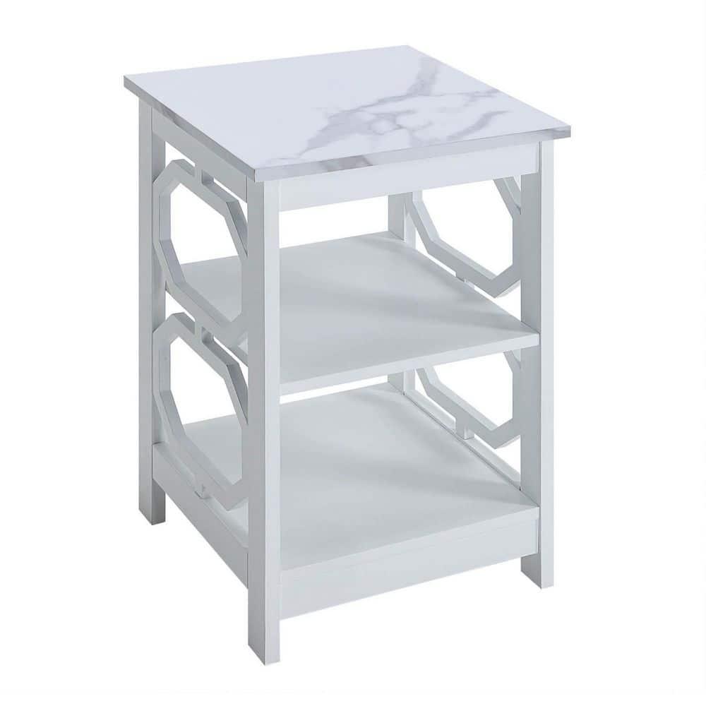 Convenience Concepts Omega End Table with Shelves, White Faux Marble/White
