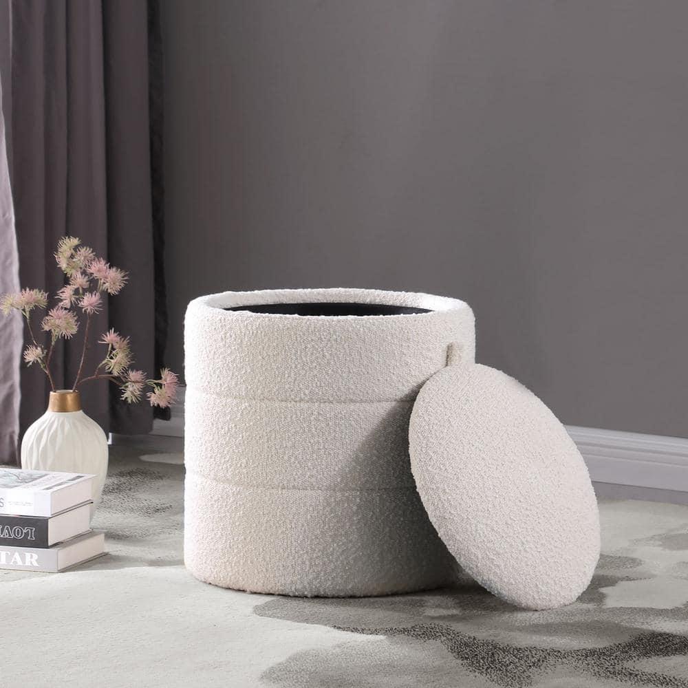 Storage Round Ottoman Cream Boucle - HomePop: Footrest, Vanity Seating, No Assembly Required