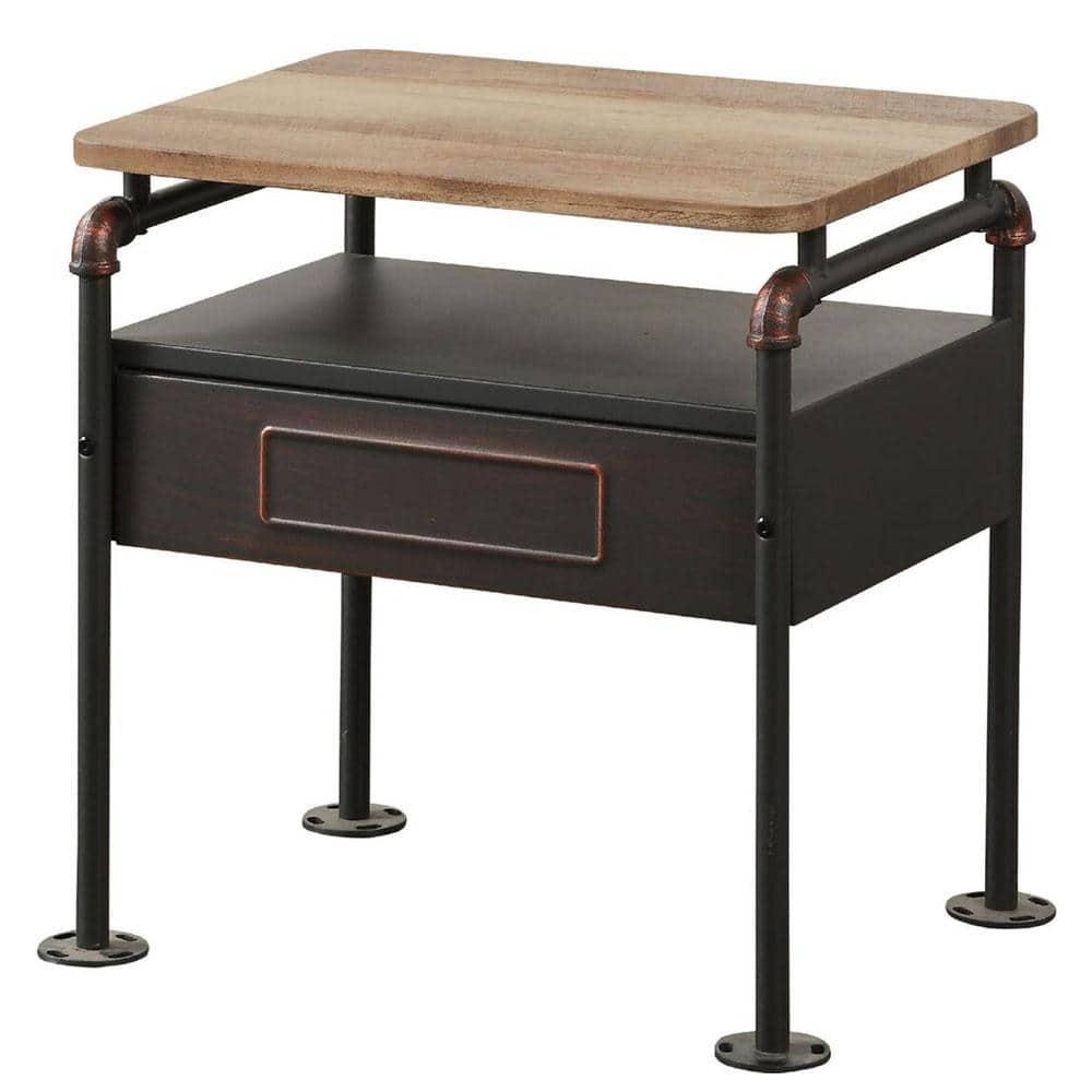 Industrial Pipe Detailed Nightstand With One Drawer And One Shelf, Antique Oak and Sandy Grey- Saltoro Sherpi