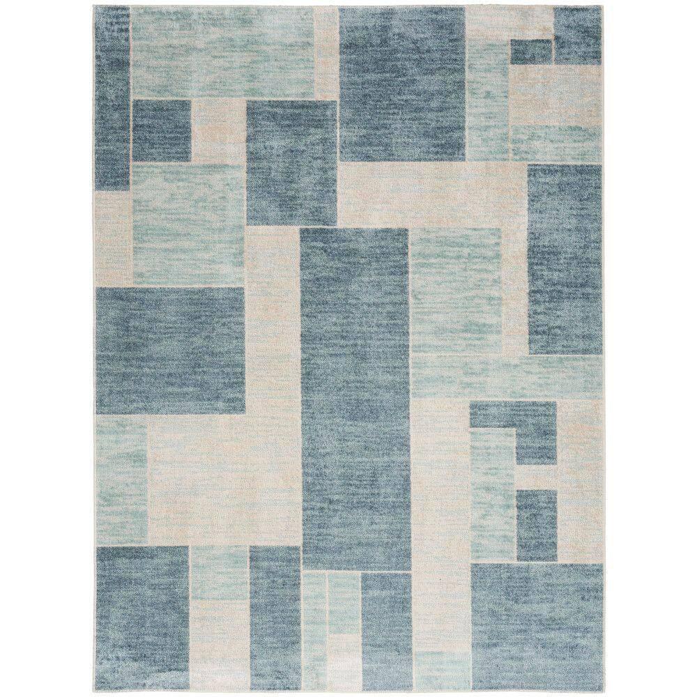Nourison Astra Machine Washable Contemporary Color Block Indoor Rug Blue Ivory 5'3" x 7'