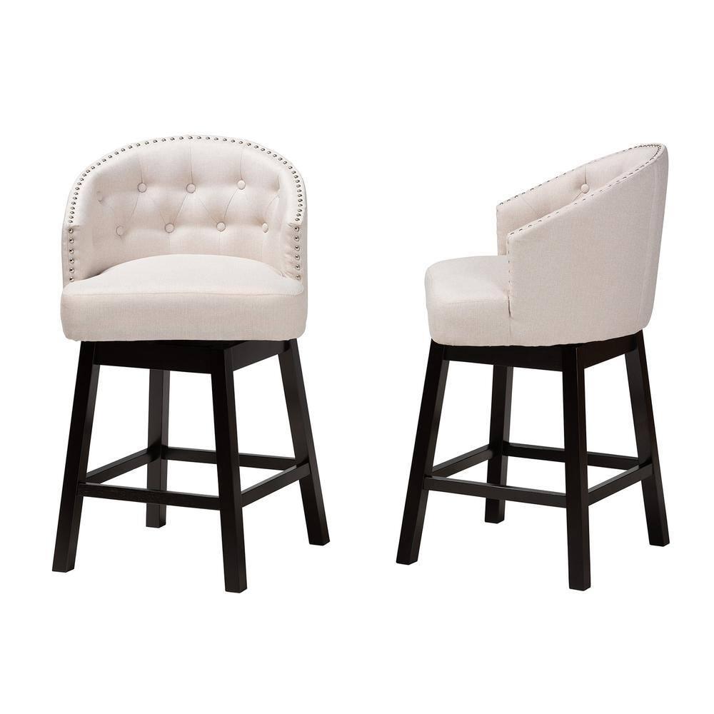 2pc Theron Fabric and Wood Swivel Counter Height Barstools Set Beige/Espresso Brown - Baxton Studio: Upholstered, Rubberwood Frame, Fixed Height