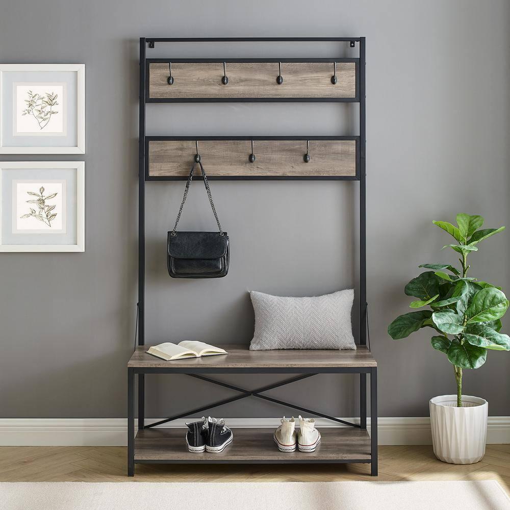 72" Gray Wash Industrial Metal and Wood Hall Tree with Bench