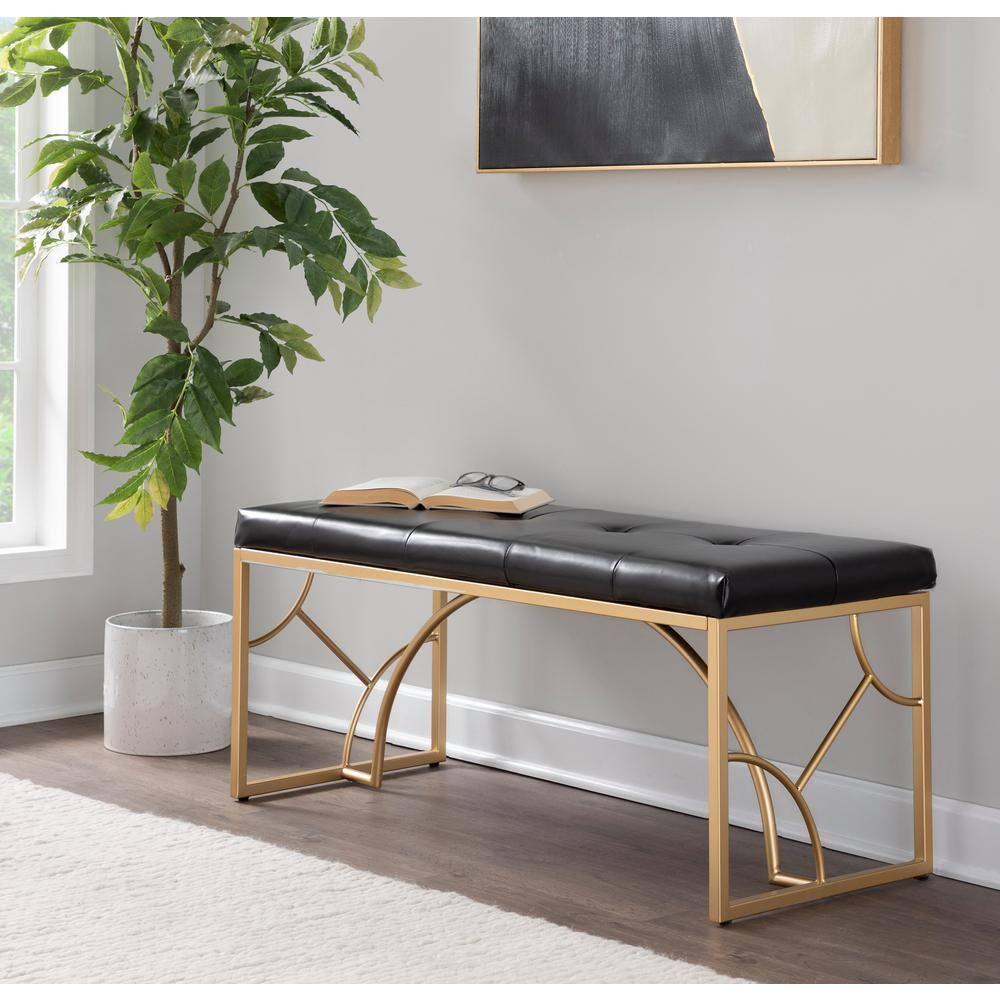 Constellation Black Faux Leather and Gold Metal Bench