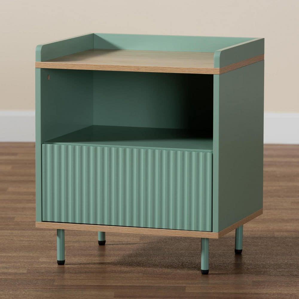 Tavita Two-Tone Wood 1 Drawer End Table Oak Brown/Mint Green - Baxton Studio: Side Table with Storage Shelf