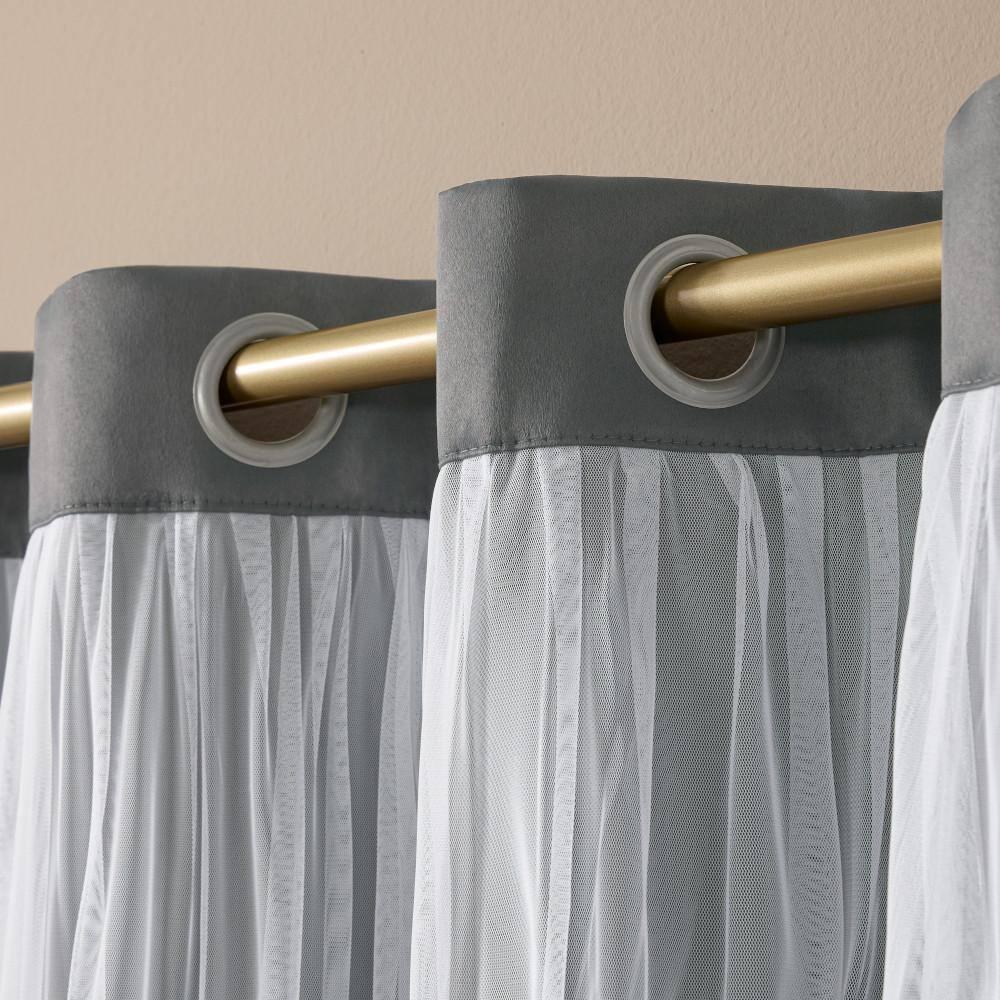 Set of 2 (108"x52") Caterina Layered Solid Blackout with sheer top Curtain Panels Black Pearl - Exclusive Home
