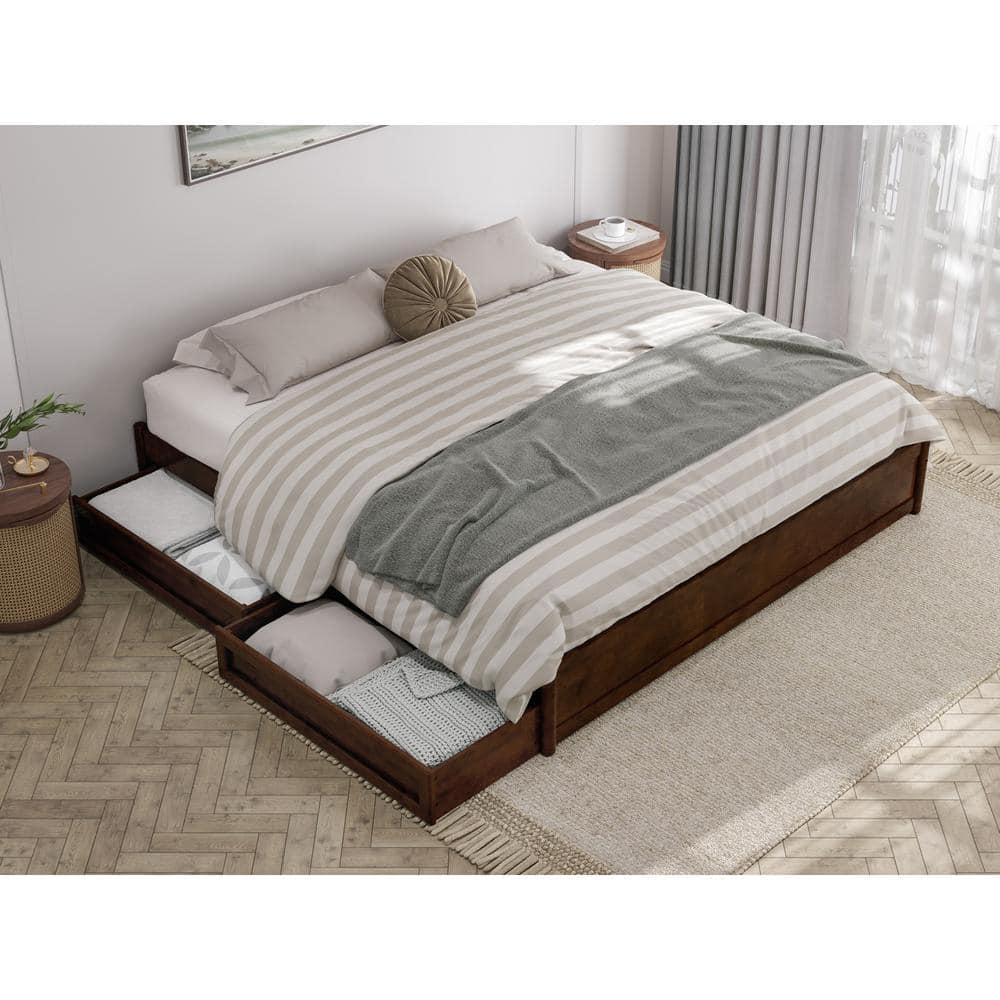 Barcelona King Solid Wood Panel Platform Bed with Storage Drawers in Walnut