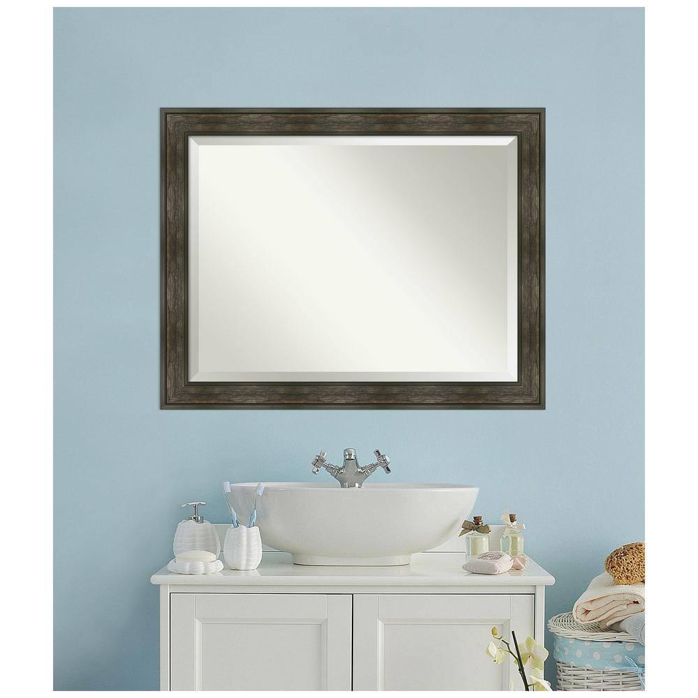 Amanti Art Beveled Bathroom Wall Mirror - Rail Rustic Char Frame - Rail Rustic Char Outer Size: 46 x 36 in