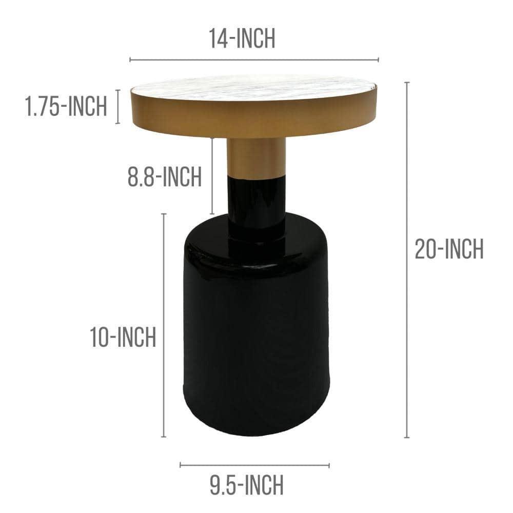 The Urban Port 20" Round Side End Table Gold Banded Natural White Marble Top Black Enamel Coated Iron Pedestal Base White/Gold