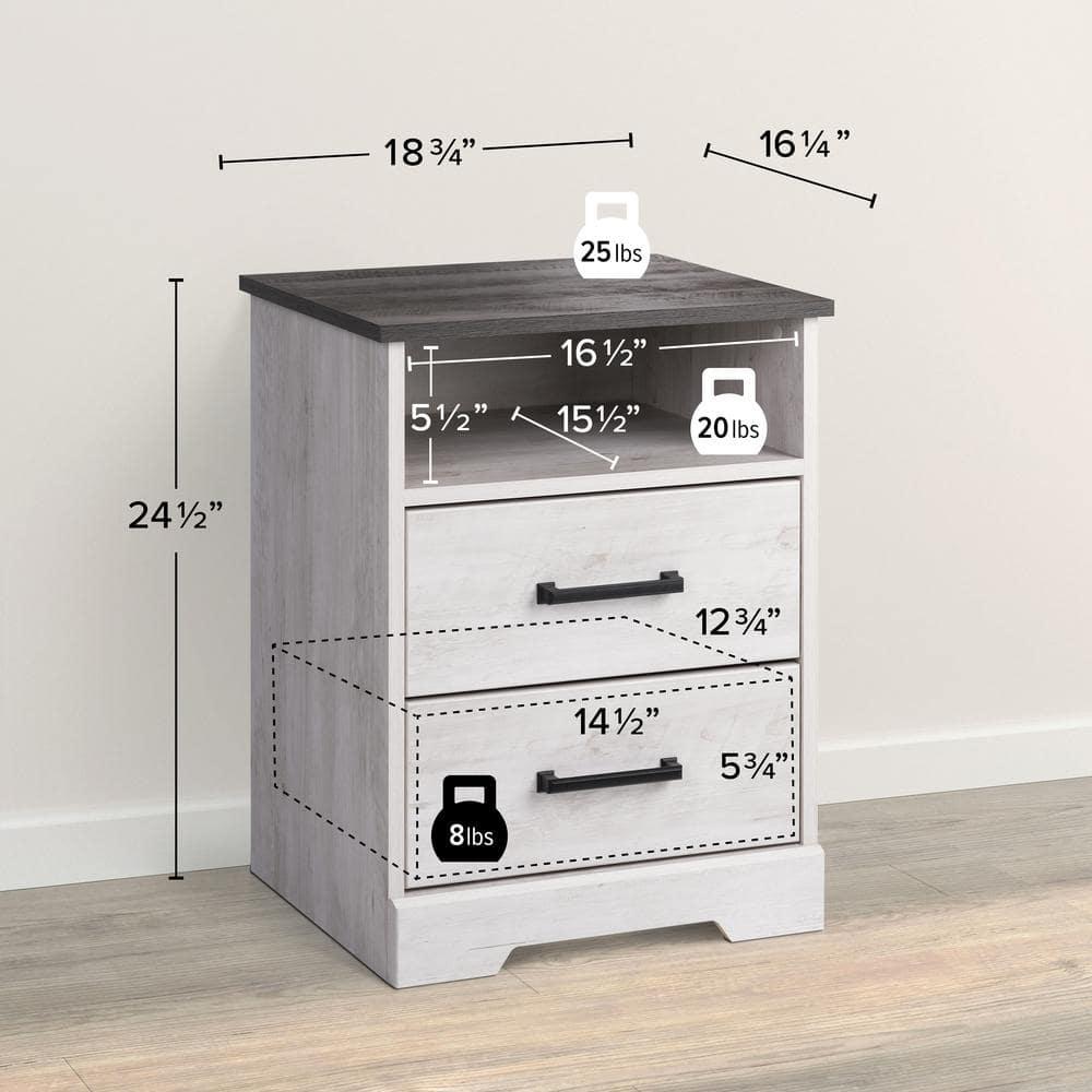 Prepac Rustic Ridge Farmhouse Nightstand with 2 Drawers and Open Cubby Washed White