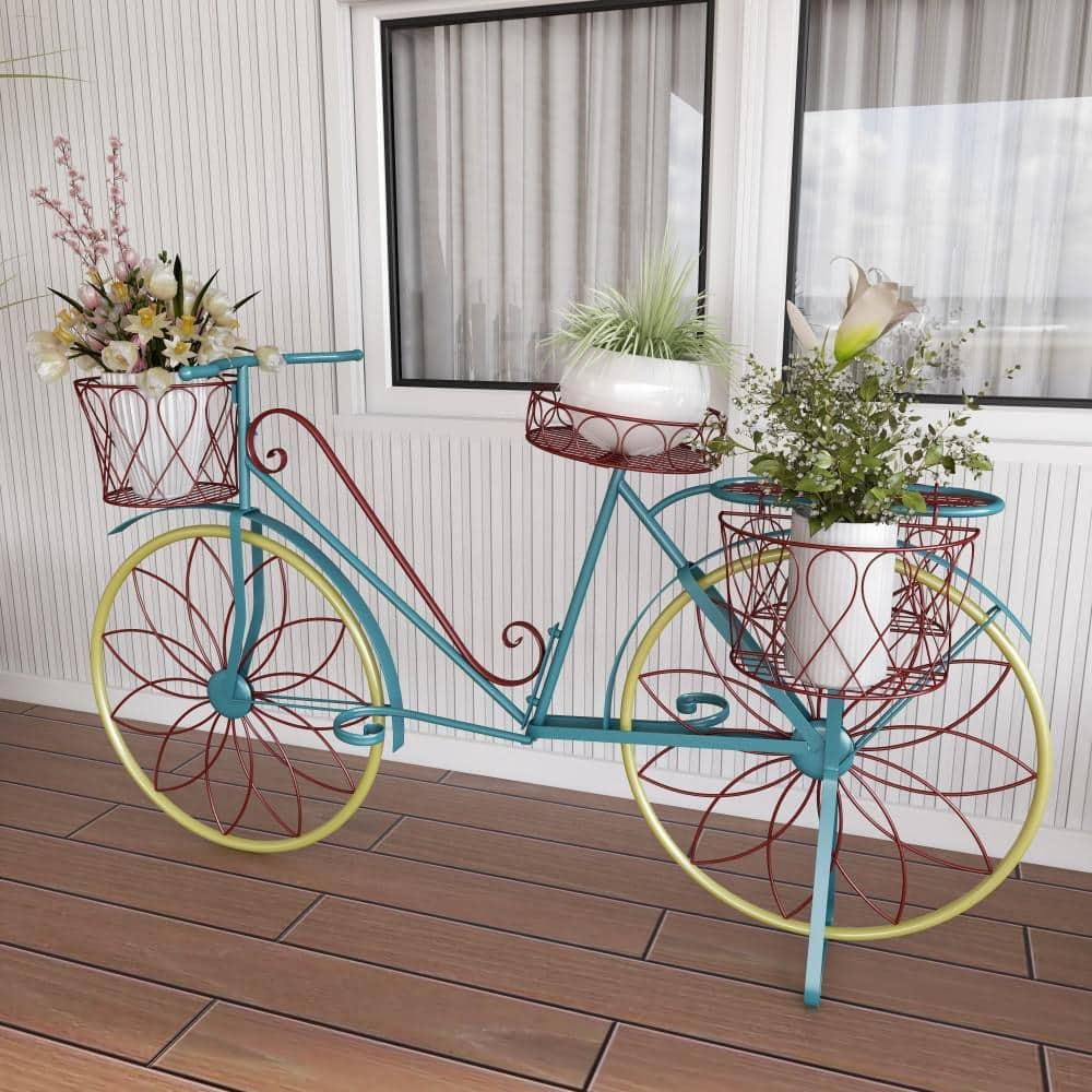 DecMode Vintage Turquoise/Red 3 Tier Bicycle Inspired Metal Plantstand, 54"W x 32"H