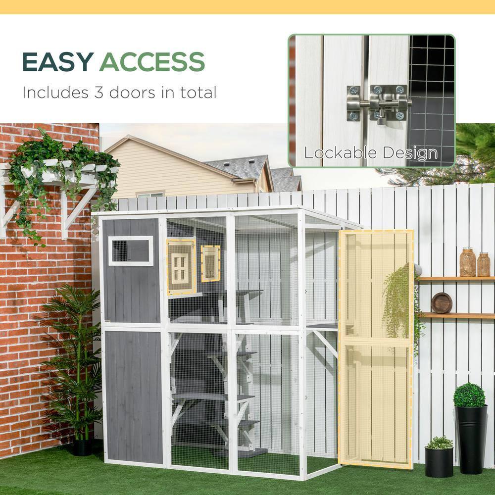 PawHut Walk-in Catio Outdoor Cat Enclosure, 7 Perches & Divided Den, Outdoor Cat House Weatherproof, Cat Shelter Kitty House Cat Cage, Cat Gift, Gray