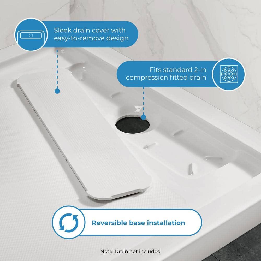 OVE Decors 60" x 34" Rectangle Shower Base Pan, White Acrylic, Hidden Side Drain, Reversible Design