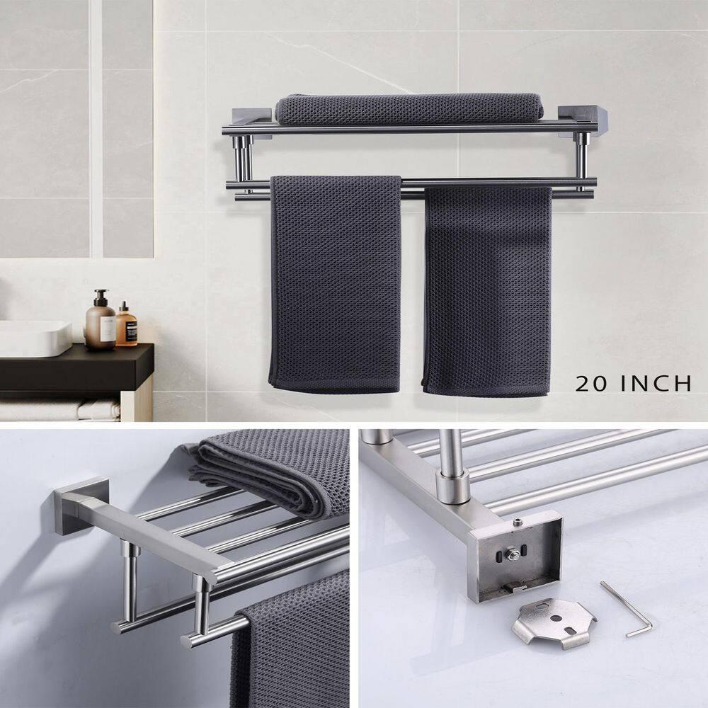 2-Tier 20" Wall Mounted Stainless Steel Bathroom Towel Rack With 2 Towel Bars Round Rods