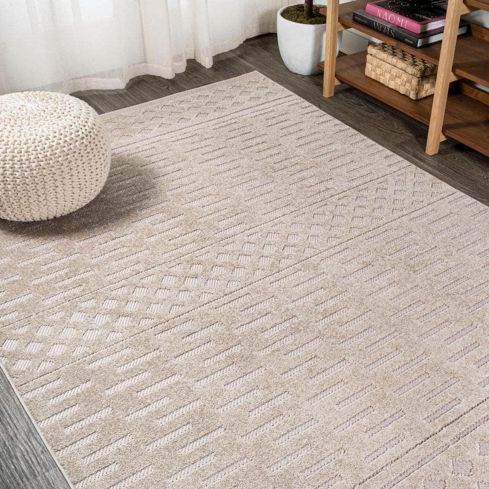 5'x8' Xlendi High-Low Pile Moroccan Geometric Indoor/Outdoor Area Rug, Beige - JONATHAN Y