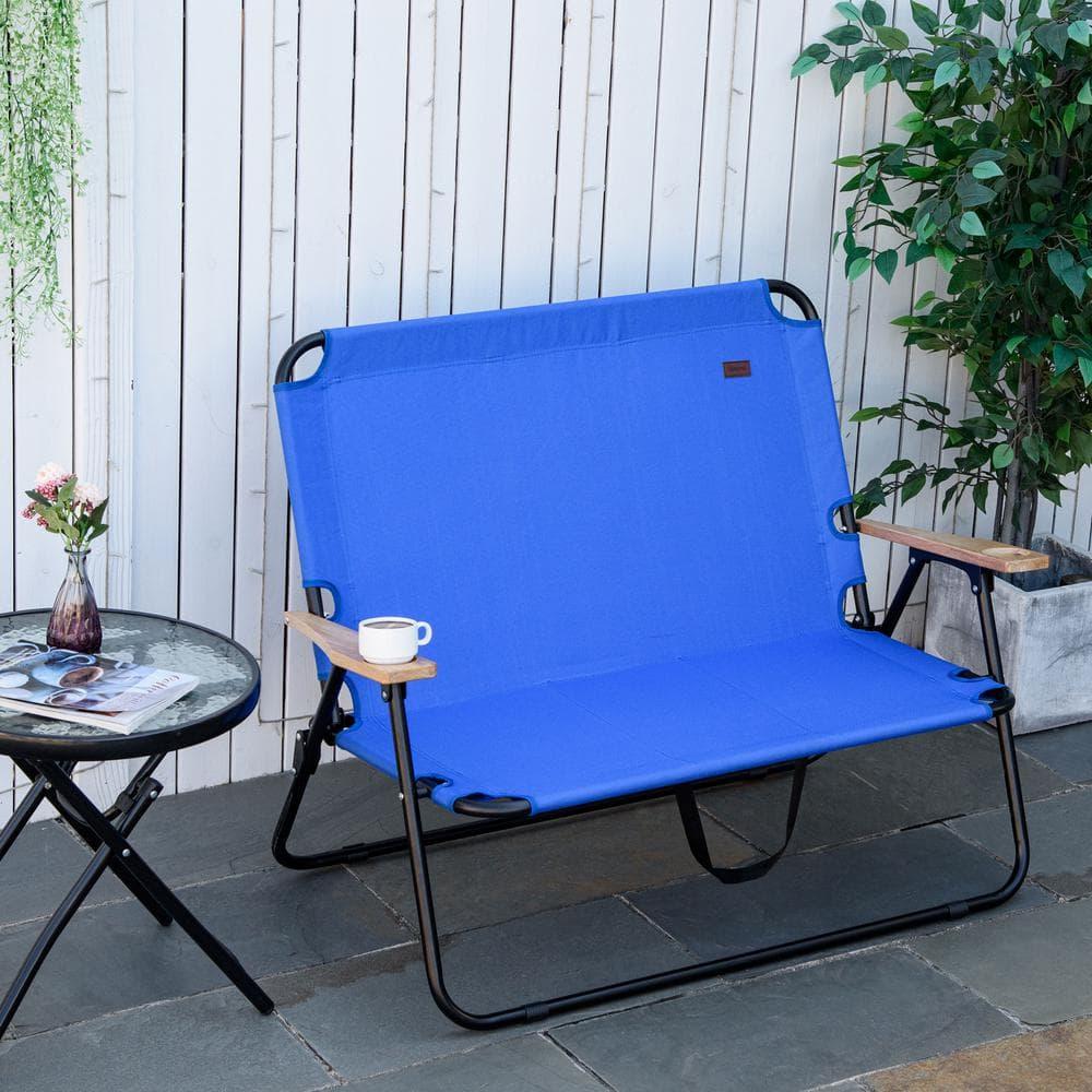 Outsunny Portable Folding Double Camping Chair Cup Holder, Loveseat for 2 Person, Outdoor Chair with Wood Armrest Beach Travel, Blue