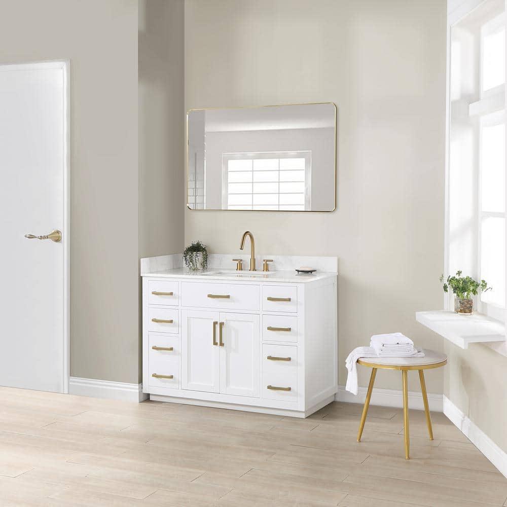 Gavino 48" Wood Vanity in White with Grain White Composite Stone Top and Mirror