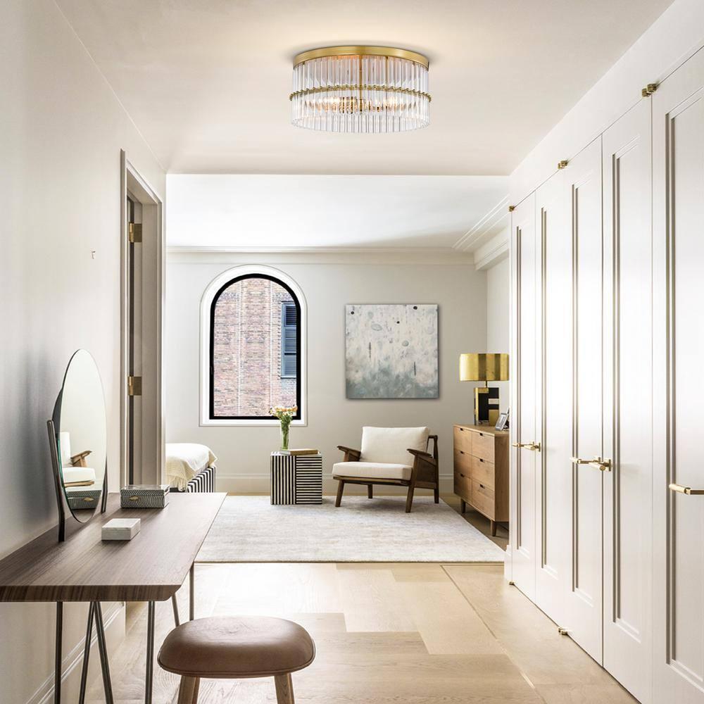 Luxury Round Antique Brass Metal with Tube Crystal 18 Inch Semi Flush Mount, Unique Elegant Ceiling Light, Hand-polished Close to Ceiling Light, Flush Mount Light for Living Room, Dining Room, Bedroo